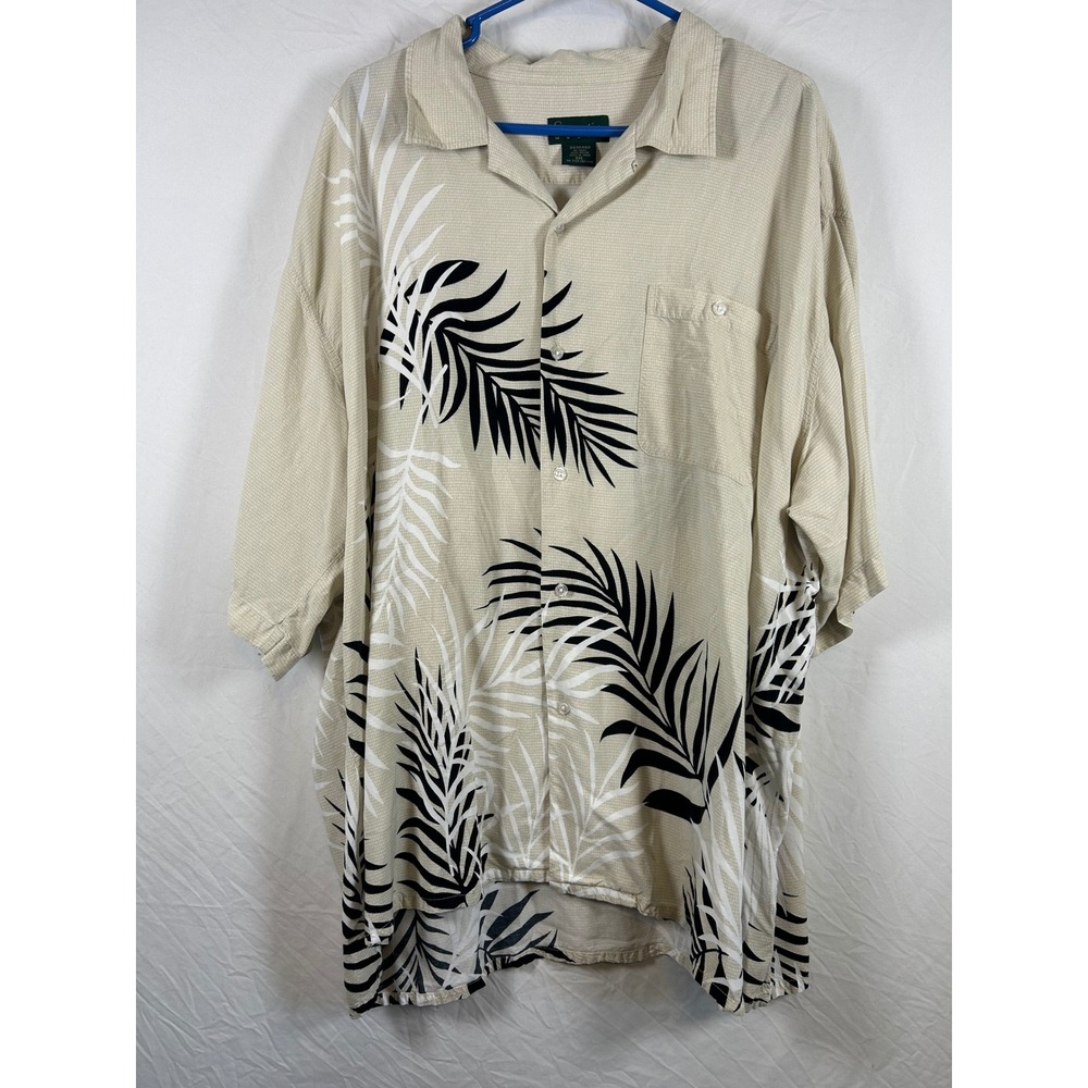 Scandia Woods Mens 3XL Tan Palm Leaf Rayon Button Down Tropical Camp Shirt